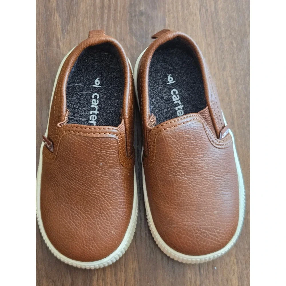 Carters Toddler Boys Brown Faux Leather Slip On Sneakers Shoes Size 9